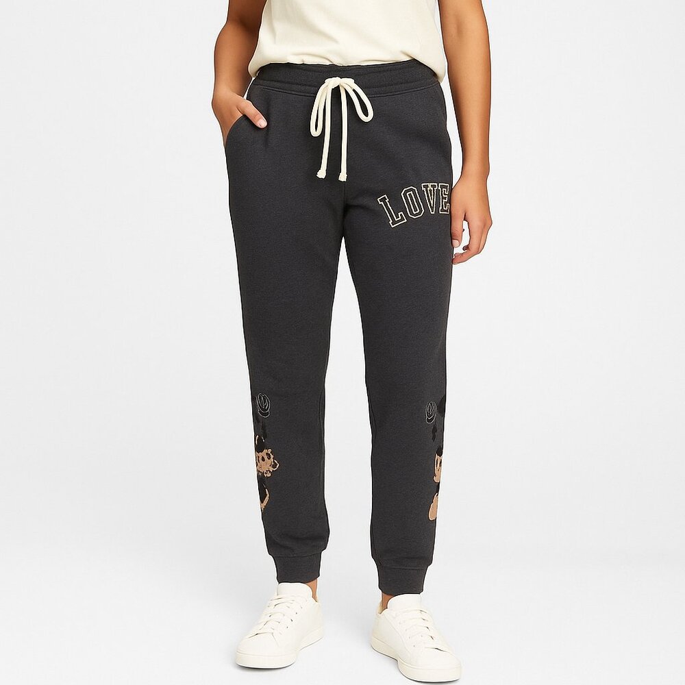 Disney Charcoal Drawstring Joggers with Mickey and Minnie LOVE Design XS